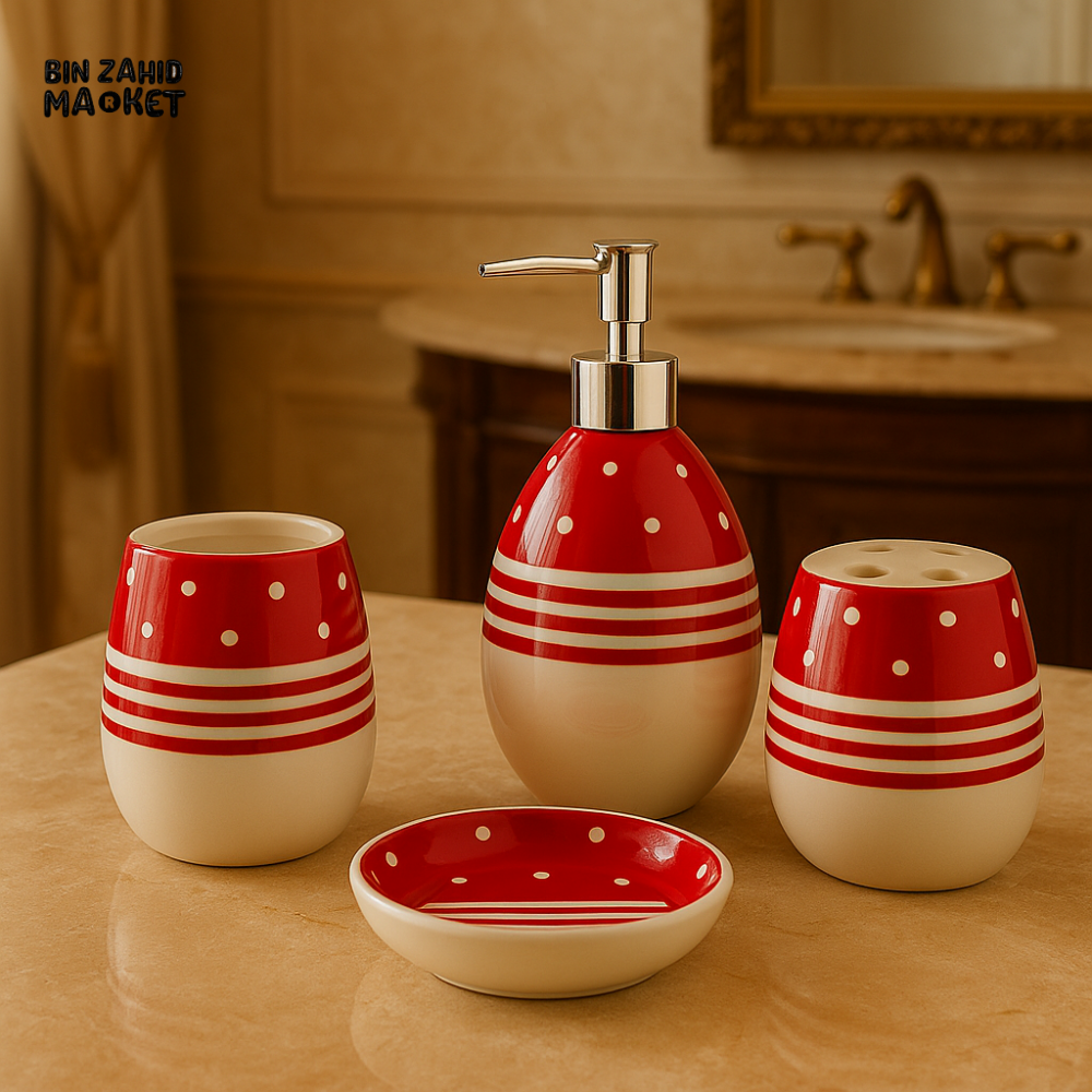 LUXURY 4-PIECE CERAMIC BATHROOM SET - RED & WHITE POLKA DOT DESIGN WIT
