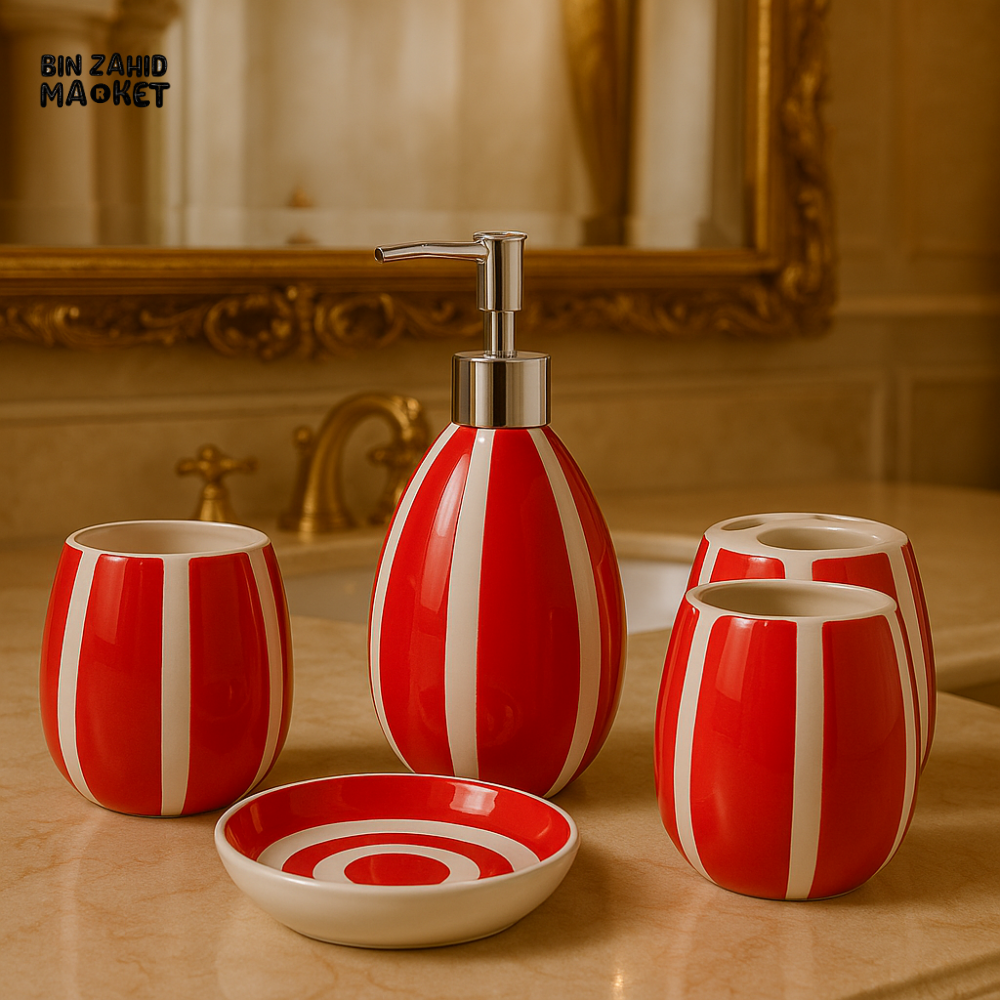 LUXURY 4-PIECE CERAMIC BATHROOM SET - RED & WHITE STRIPED DESIGN WITH