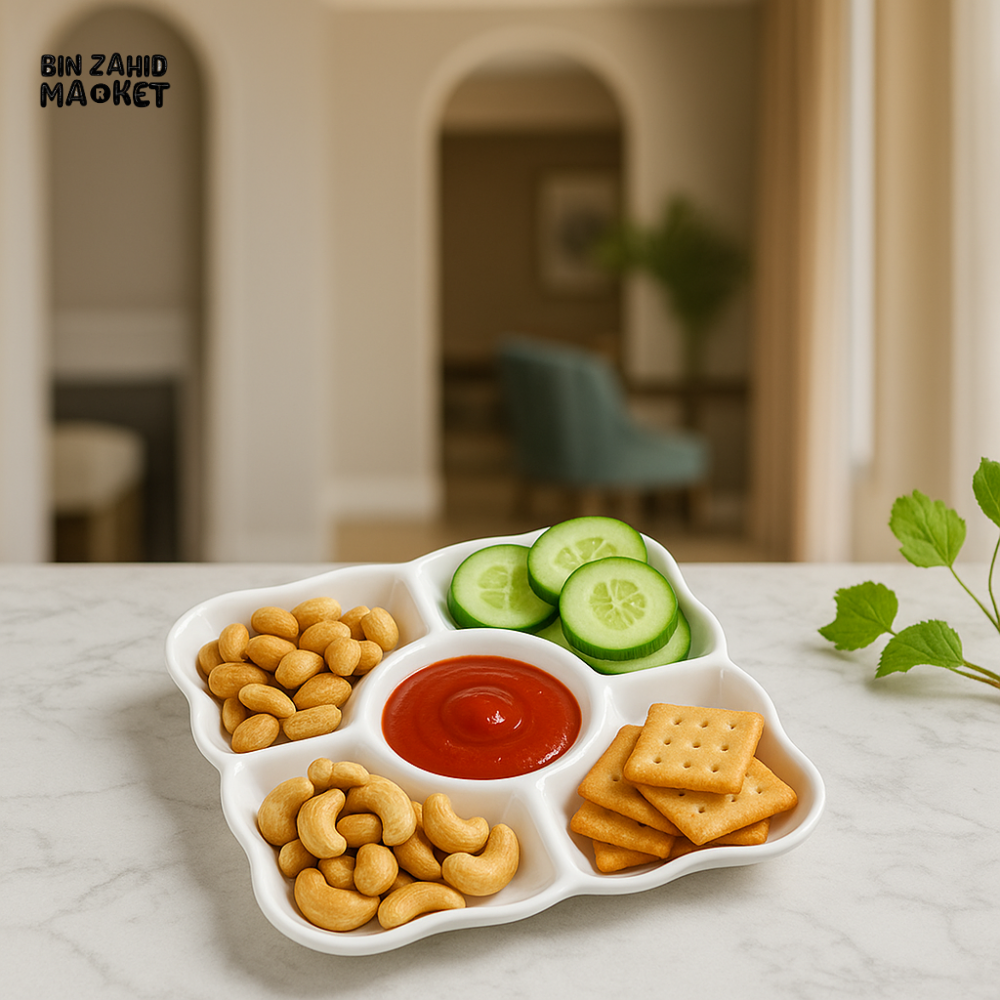 LUXURY 5-COMPARTMENT SNACK SERVING PLATTER – CERAMIC MULTI-SECTION DISH FOR DRY FRUITS, SAUCES & APPETIZERS