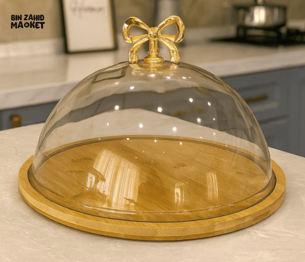 LUXURY ACRYLIC CAKE DOME WITH WOODEN BASE – ELEGANT BAKERY DISPLAY COVER FOR CAKES PASTRIES CROISSANTS DESSERTS & BREAD