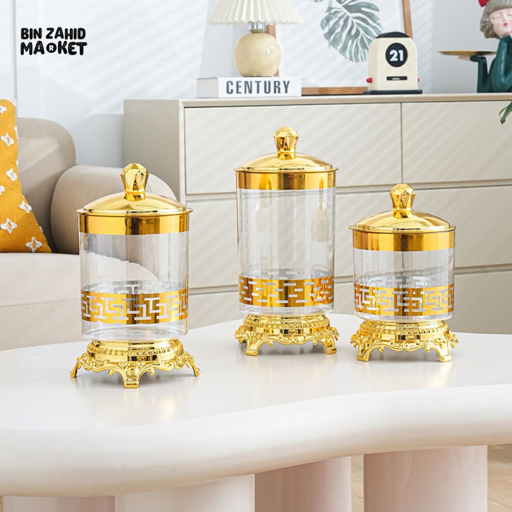 LUXURY ACRYLIC CANDY JAR WITH LID 3 PIECES SET TRANSPARENT TABLE DRY FOOD CANDY BIN SNACK STORAGE CAN