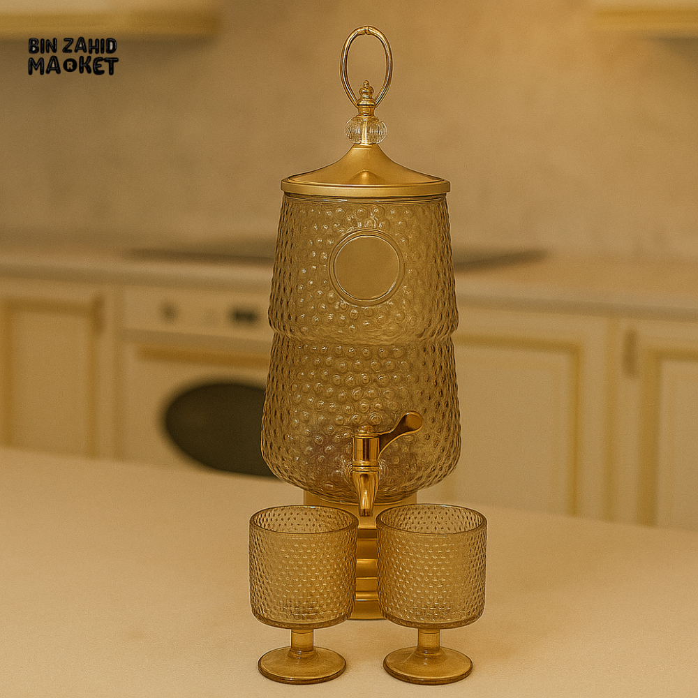 LUXURY AMBER TEXTURED GLASS WATER DISPENSER WITH 6 GOBLET CUPS – GOLD FAUCET & STAND | PREMIUM HOME & KITCHEN SERVER - GOLD