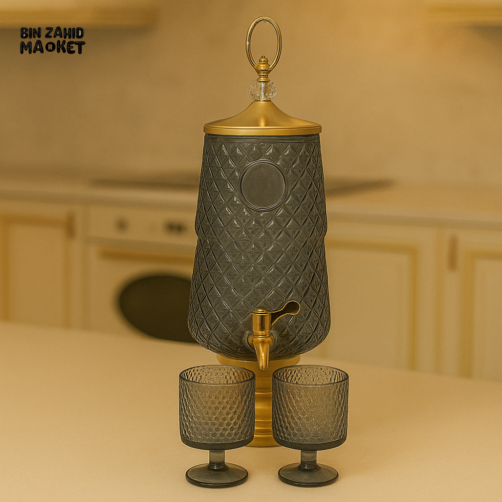 LUXURY AMBER TEXTURED GLASS WATER DISPENSER WITH 6 GOBLET CUPS – GOLD FAUCET & STAND | PREMIUM HOME & KITCHEN SERVER - BLACK
