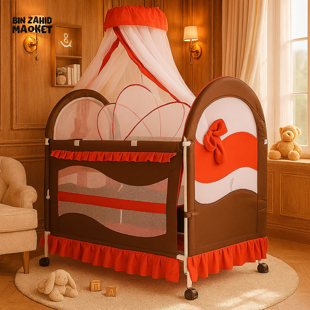 LUXURY BABY COT WITH CANOPY – BROWN & RED | PREMIUM NURSERY PLAYPEN FOR KIDS - RED