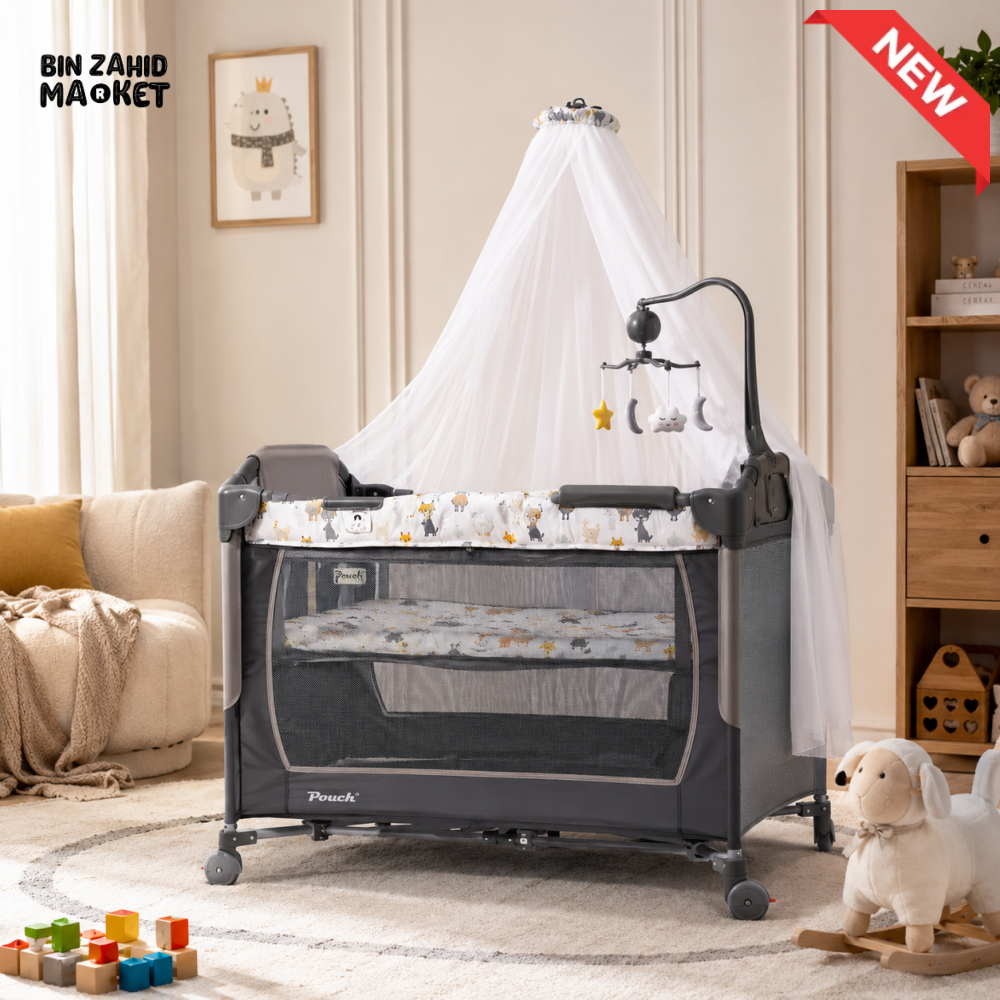 LUXURY BABY PLAYPEN COT WITH MOSQUITO NET AND TOY BAR - BLACK
