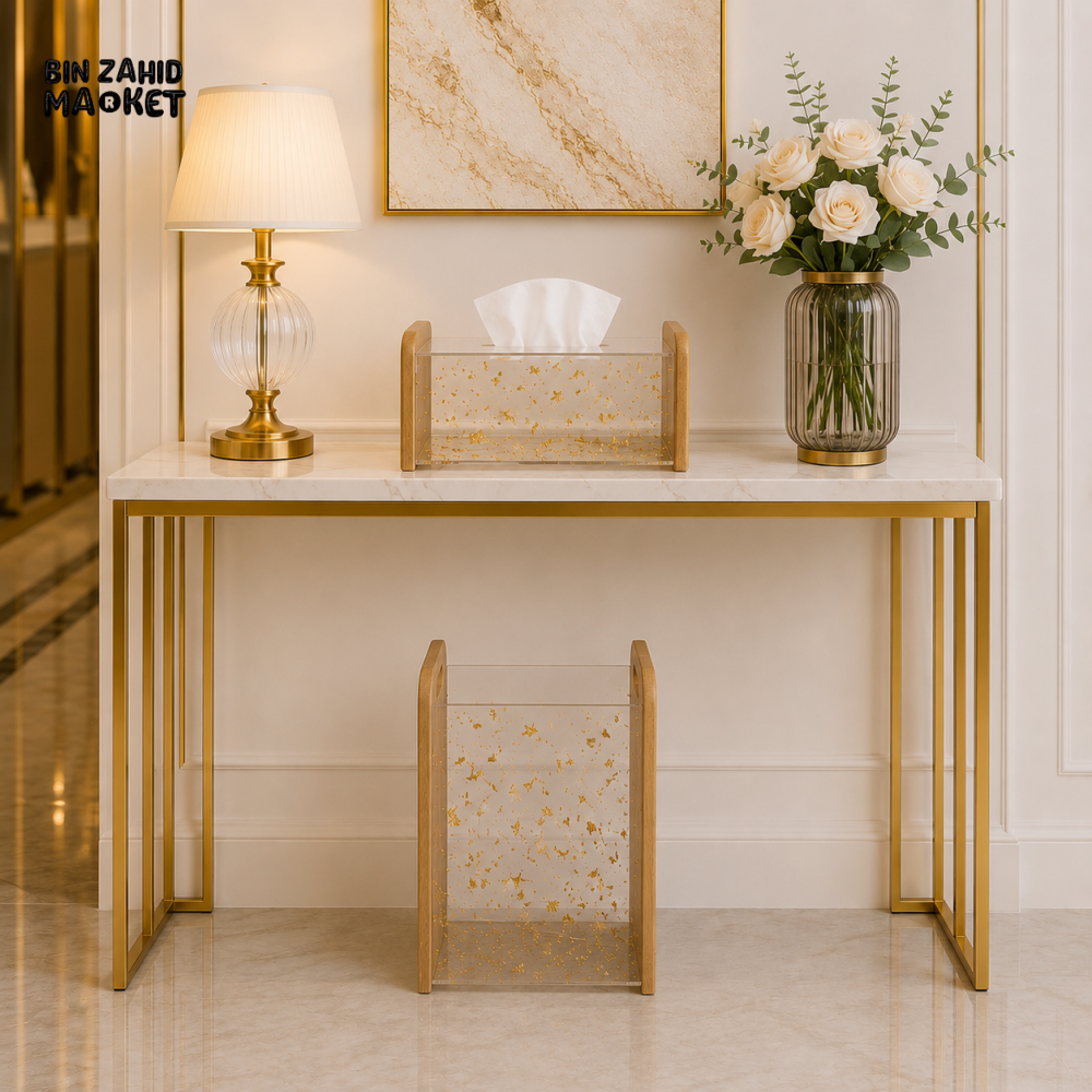 LUXURY BAMBOO & GOLD FLAKE ACRYLIC TISSUE BOX WITH MATCHING DUSTBIN SET