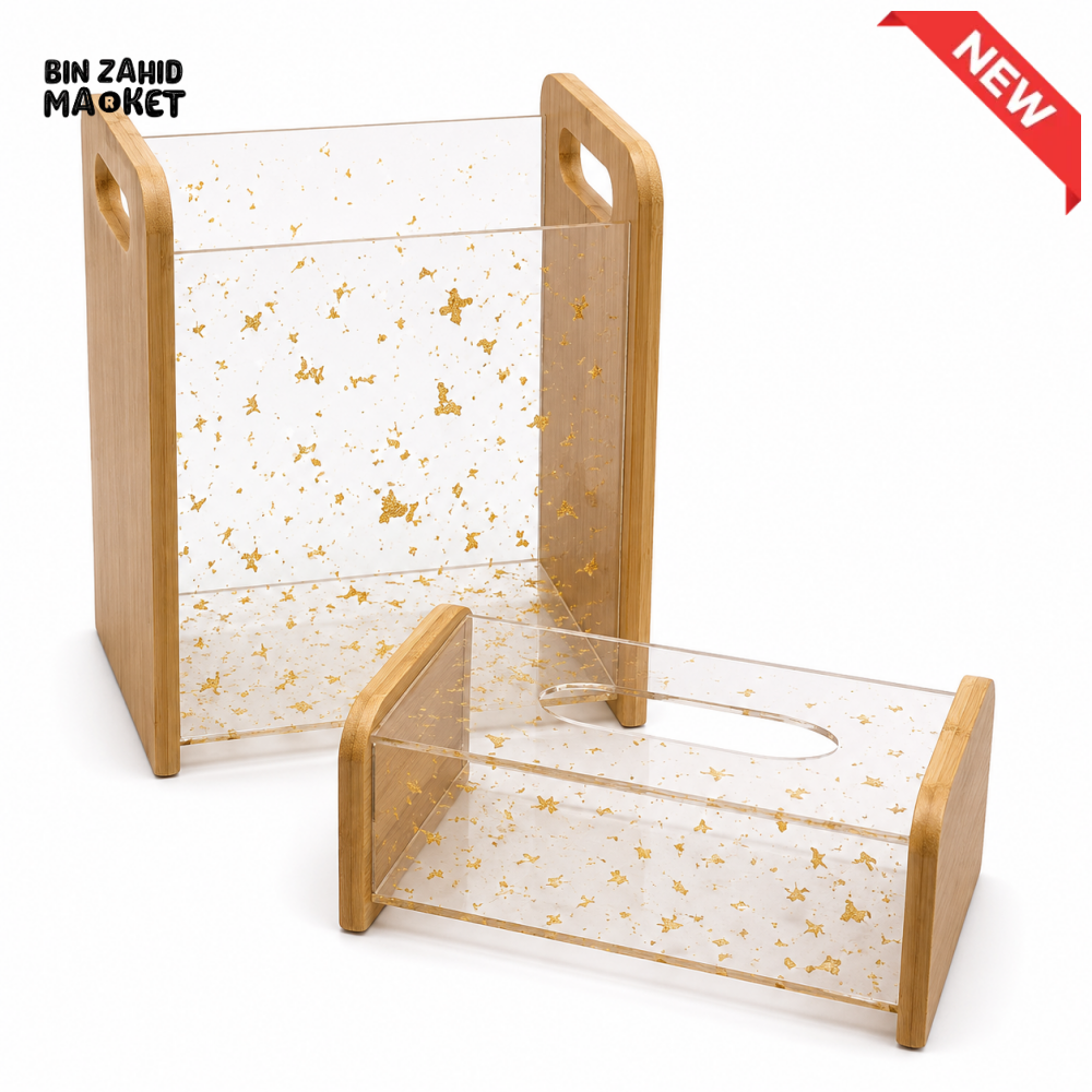 LUXURY BAMBOO & GOLD FLAKE ACRYLIC TISSUE BOX WITH MATCHING DUSTBIN SET