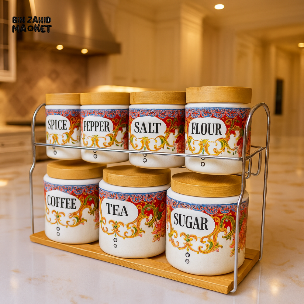 LUXURY BAROQUE CERAMIC CANISTER SET – 7PIECES WITH BAMBOO LIDS & RACK