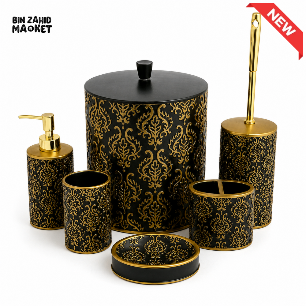 LUXURY BLACK & GOLD 6-PIECE BATHROOM ACCESSORY SET