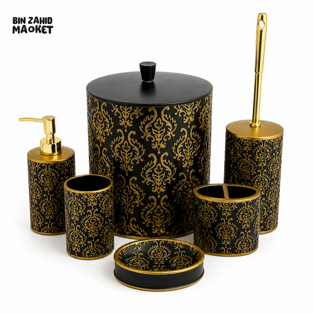 LUXURY BLACK & GOLD 6-PIECE BATHROOM ACCESSORY SET