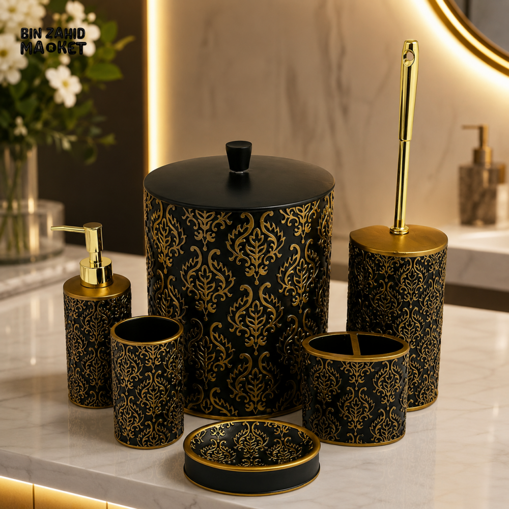 LUXURY BLACK & GOLD 6-PIECE BATHROOM ACCESSORY SET