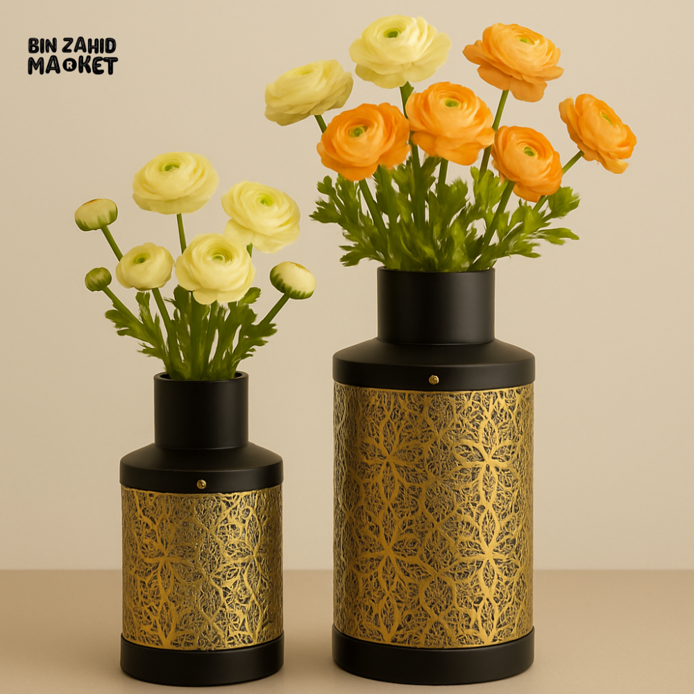 LUXURY BLACK & GOLD METAL VASE SET 2 PIECES SET– EMBOSSED GEOMETRIC DESIGN WITHOUT FLOWERS
