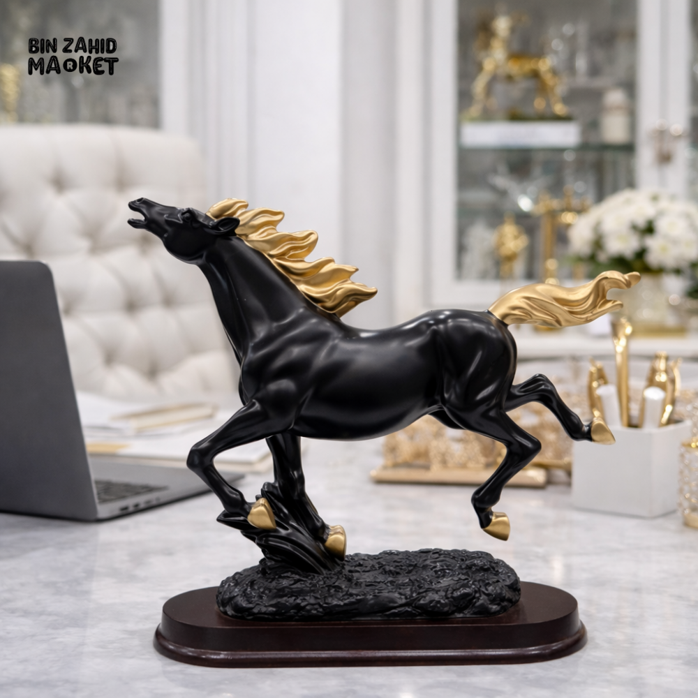 LUXURY BLACK & GOLD RUNNING HORSE SCULPTURE WITH WOODEN BASE – PREMIUM OFFICE & HOME DECOR STATUE - 19cm x 13cm