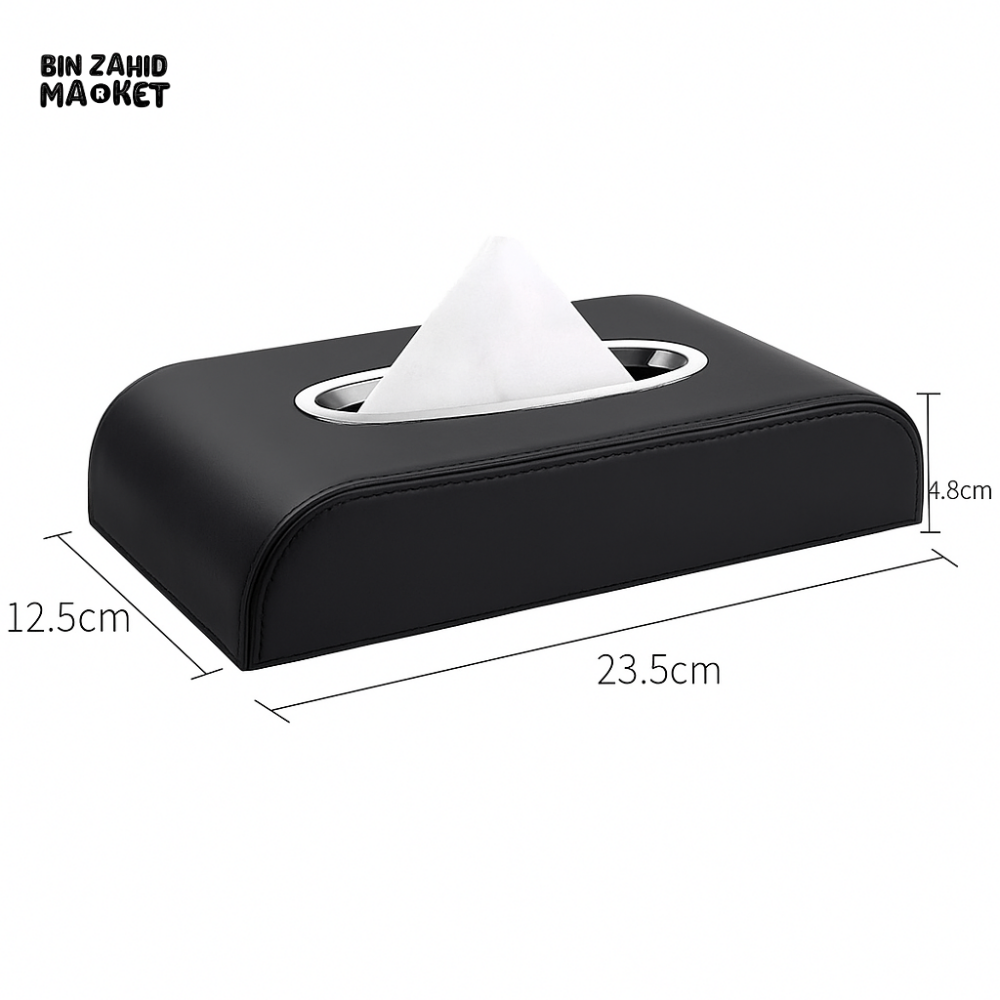 LUXURY BLACK LEATHER TISSUE BOX COVER – OVAL METAL RIM STITCHED EDGES