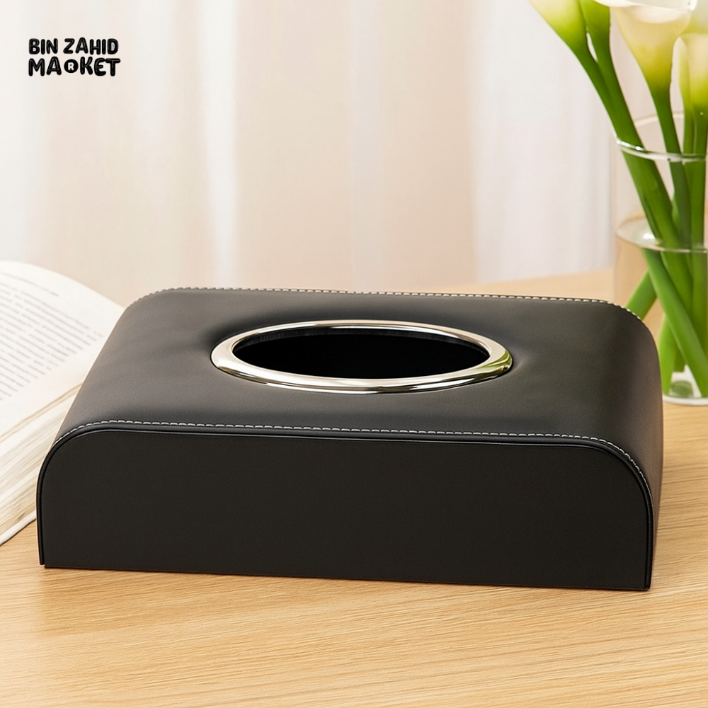 LUXURY BLACK LEATHER TISSUE BOX COVER – OVAL METAL RIM STITCHED EDGES