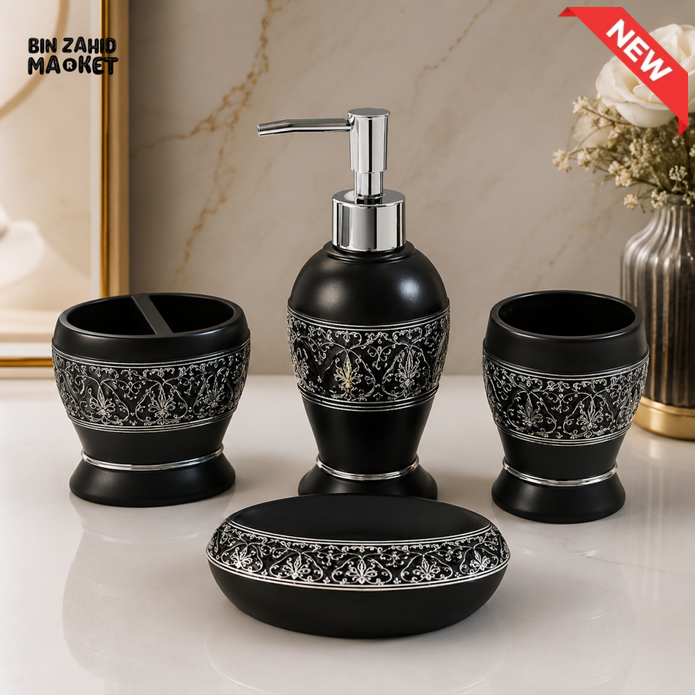 LUXURY BLACK ORNATE BATHROOM ACCESSORIES SET – 4 PIECES