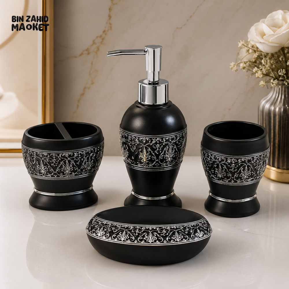 LUXURY BLACK ORNATE BATHROOM ACCESSORIES SET – 4 PIECES