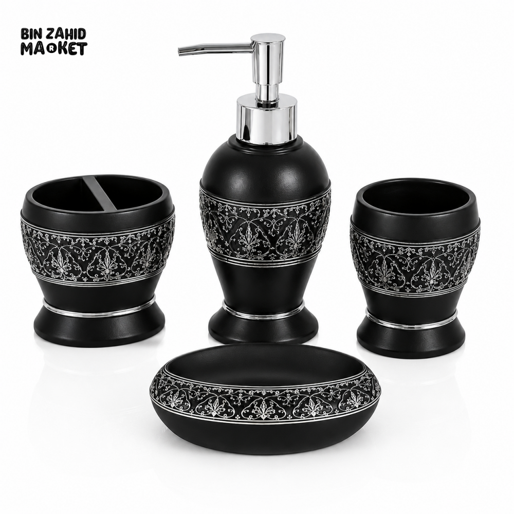 LUXURY BLACK ORNATE BATHROOM ACCESSORIES SET – 4 PIECES