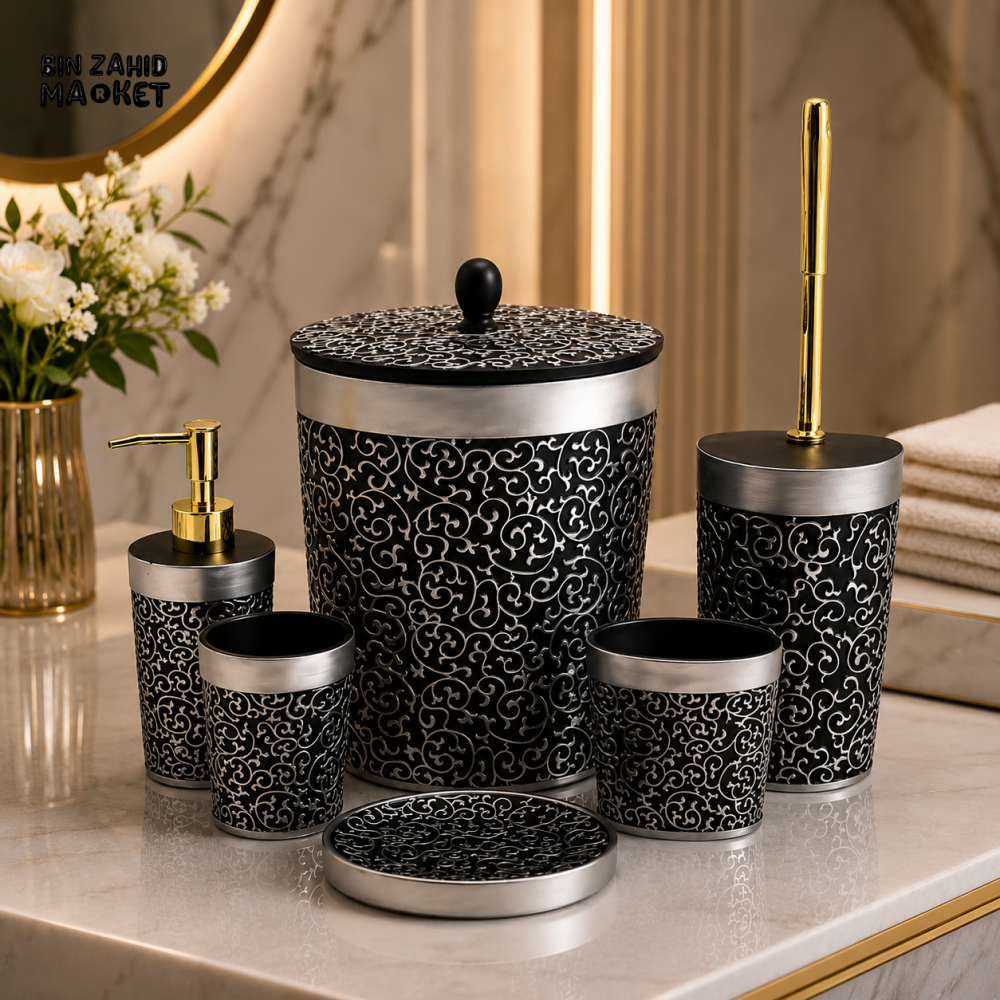 LUXURY BLACK & SILVER BATHROOM ACCESSORIES SET – 6 PIECES