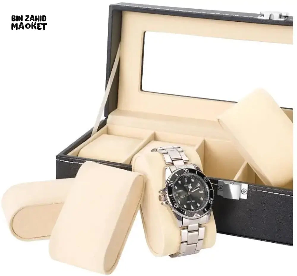LUXURY BLACK WATCH ORGANIZER FOR MEN – 6-SLOT DISPLAY BOX WITH GLASS TOP GIFT-READY