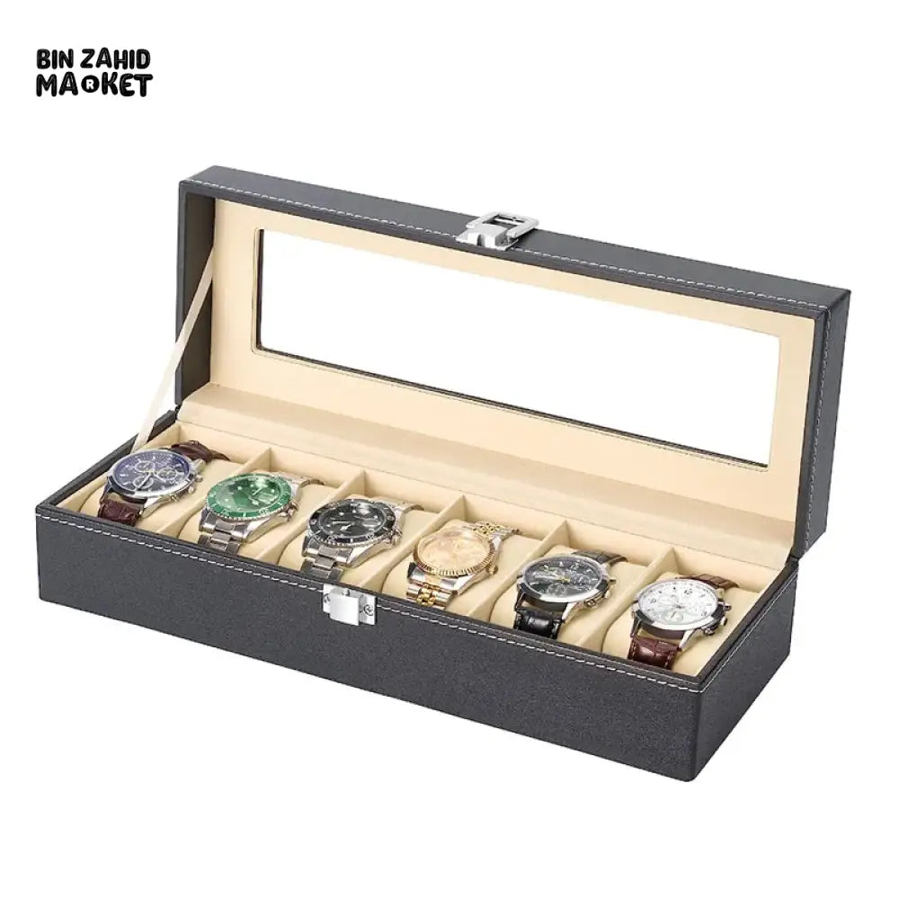 LUXURY BLACK WATCH ORGANIZER FOR MEN – 6-SLOT DISPLAY BOX WITH GLASS TOP GIFT-READY