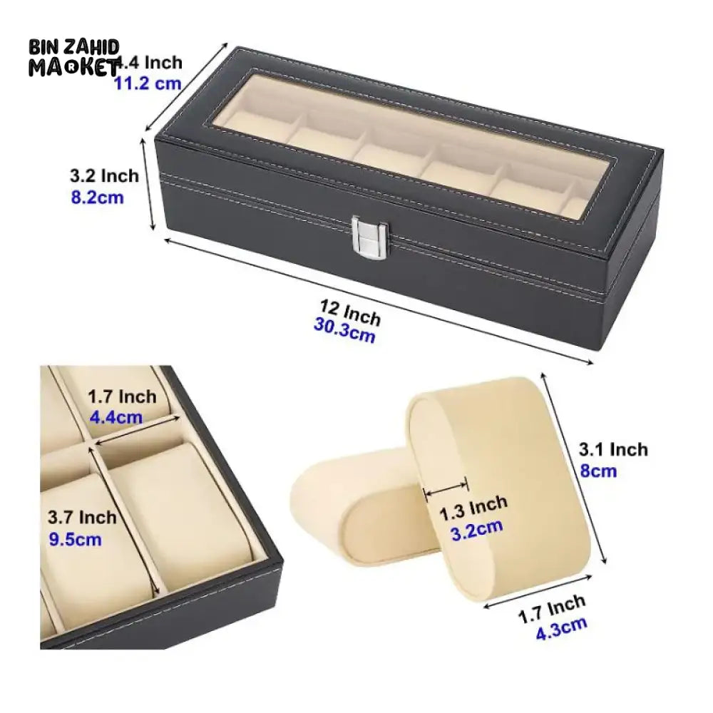 LUXURY BLACK WATCH ORGANIZER FOR MEN – 6-SLOT DISPLAY BOX WITH GLASS TOP GIFT-READY