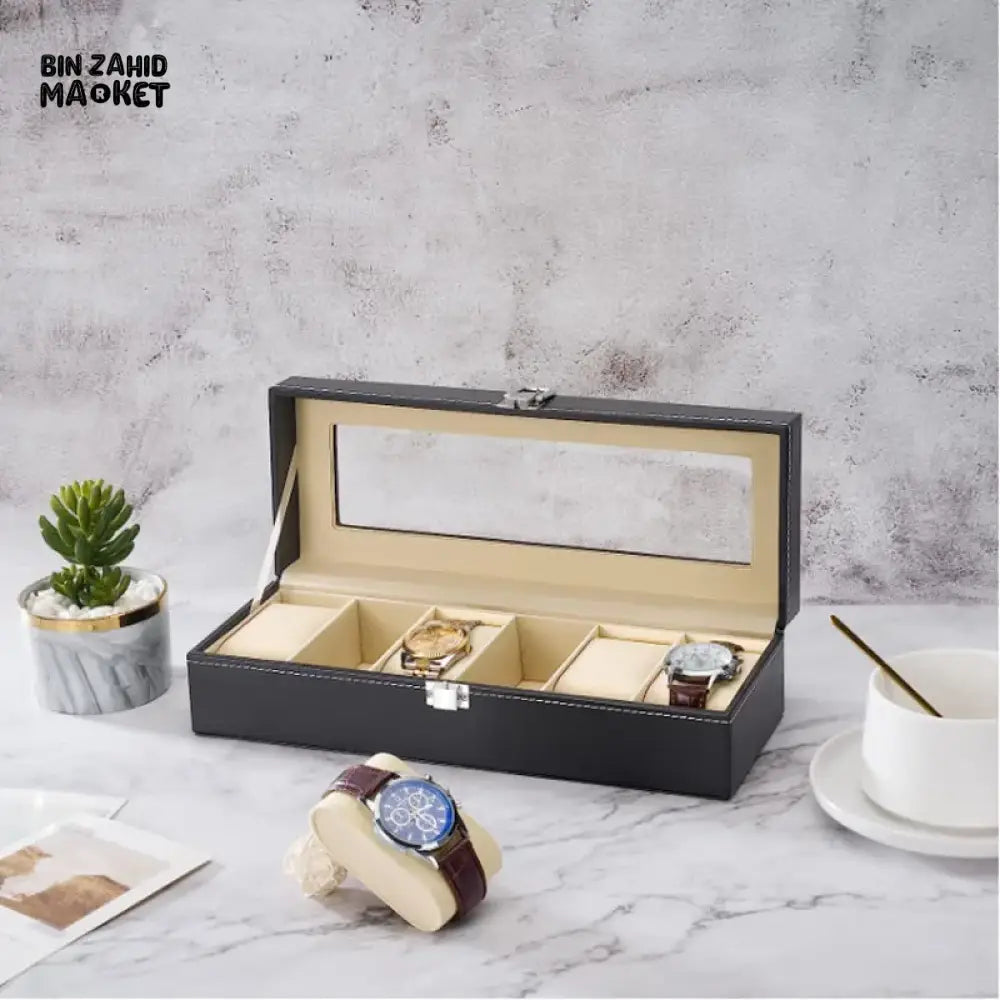LUXURY BLACK WATCH ORGANIZER FOR MEN – 6-SLOT DISPLAY BOX WITH GLASS TOP GIFT-READY