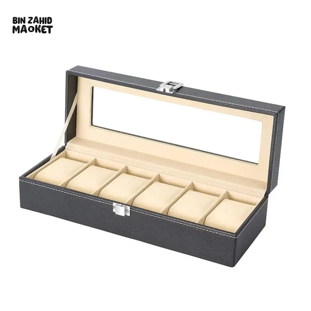 LUXURY BLACK WATCH ORGANIZER FOR MEN – 6-SLOT DISPLAY BOX WITH GLASS TOP GIFT-READY