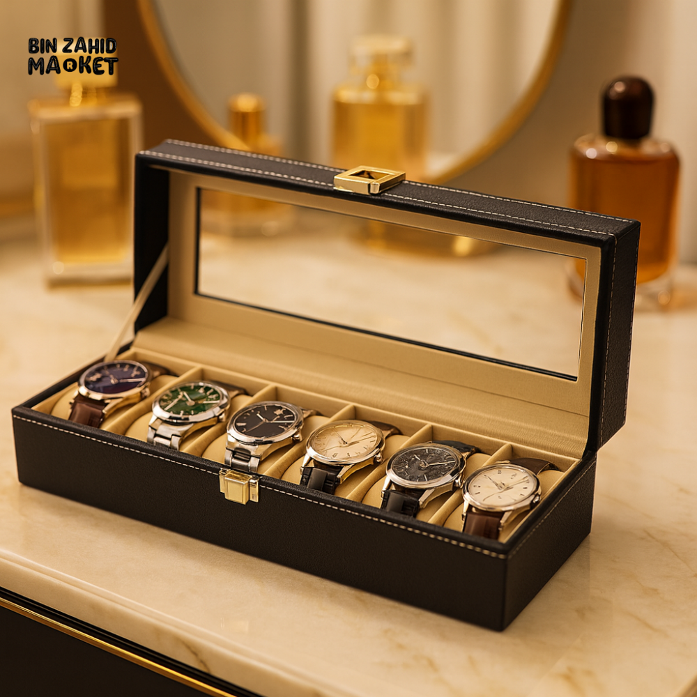 LUXURY BLACK WATCH ORGANIZER FOR MEN – 6-SLOT DISPLAY BOX WITH GLASS TOP GIFT-READY