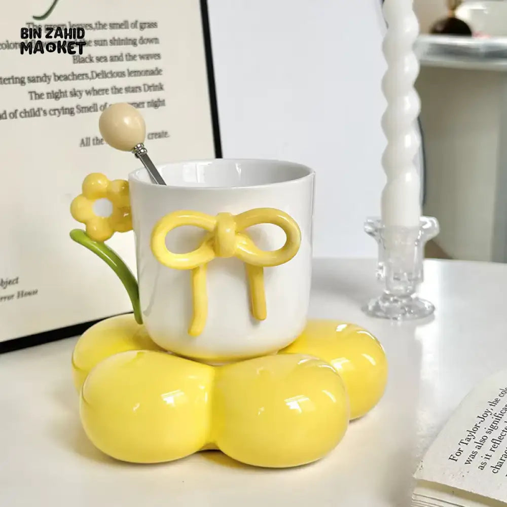 LUXURY BOW DESIGN CERAMIC MUG WITH FLOWER COASTER – PREMIUM COFFEE CUP