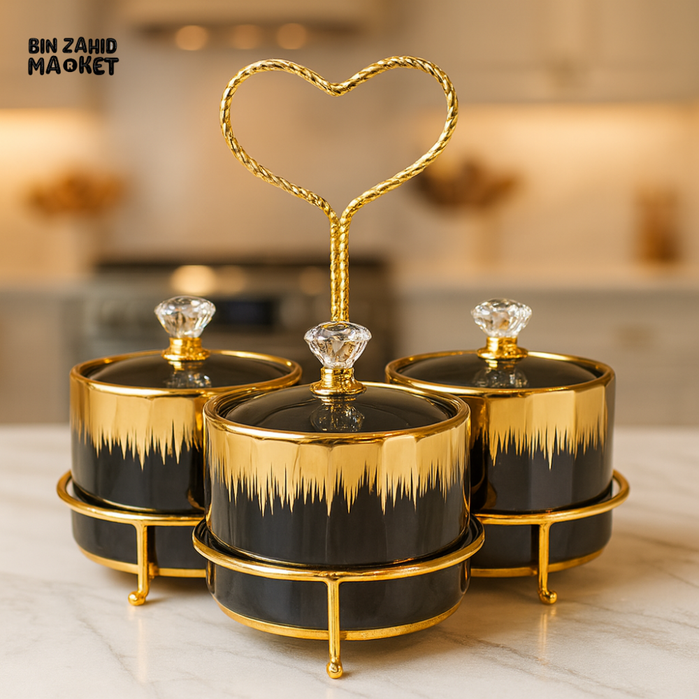 LUXURY CERAMIC CANISTER SET – 3 PIECES BLACK WITH GOLD RACK & HEART HANDLE