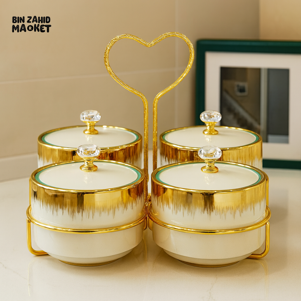 LUXURY CERAMIC CANISTER SET – 4 PIECES WITH GOLD RACK & HEART HANDLE - WHITE