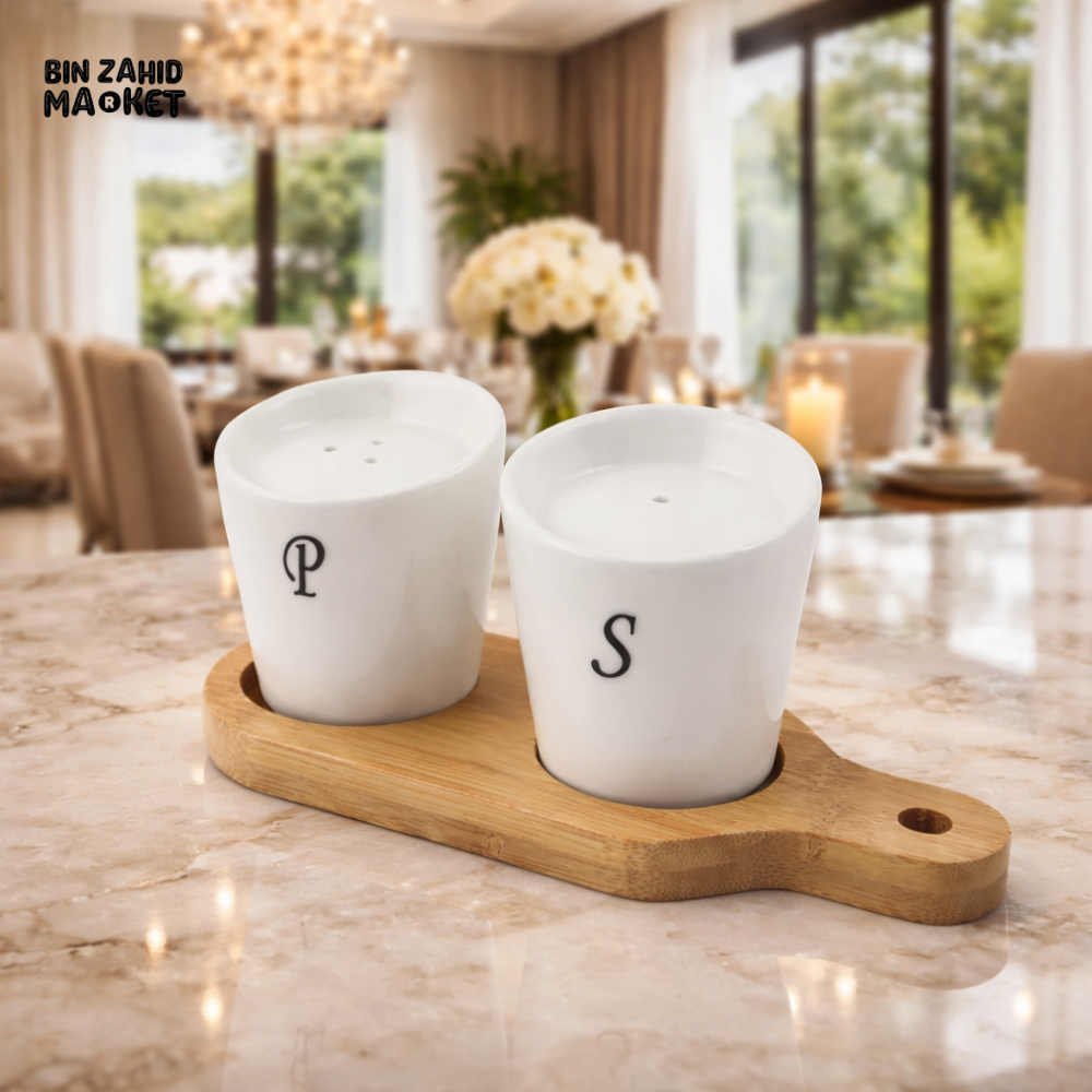 LUXURY CERAMIC SALT & PEPPER SET WITH BAMBOO STAND