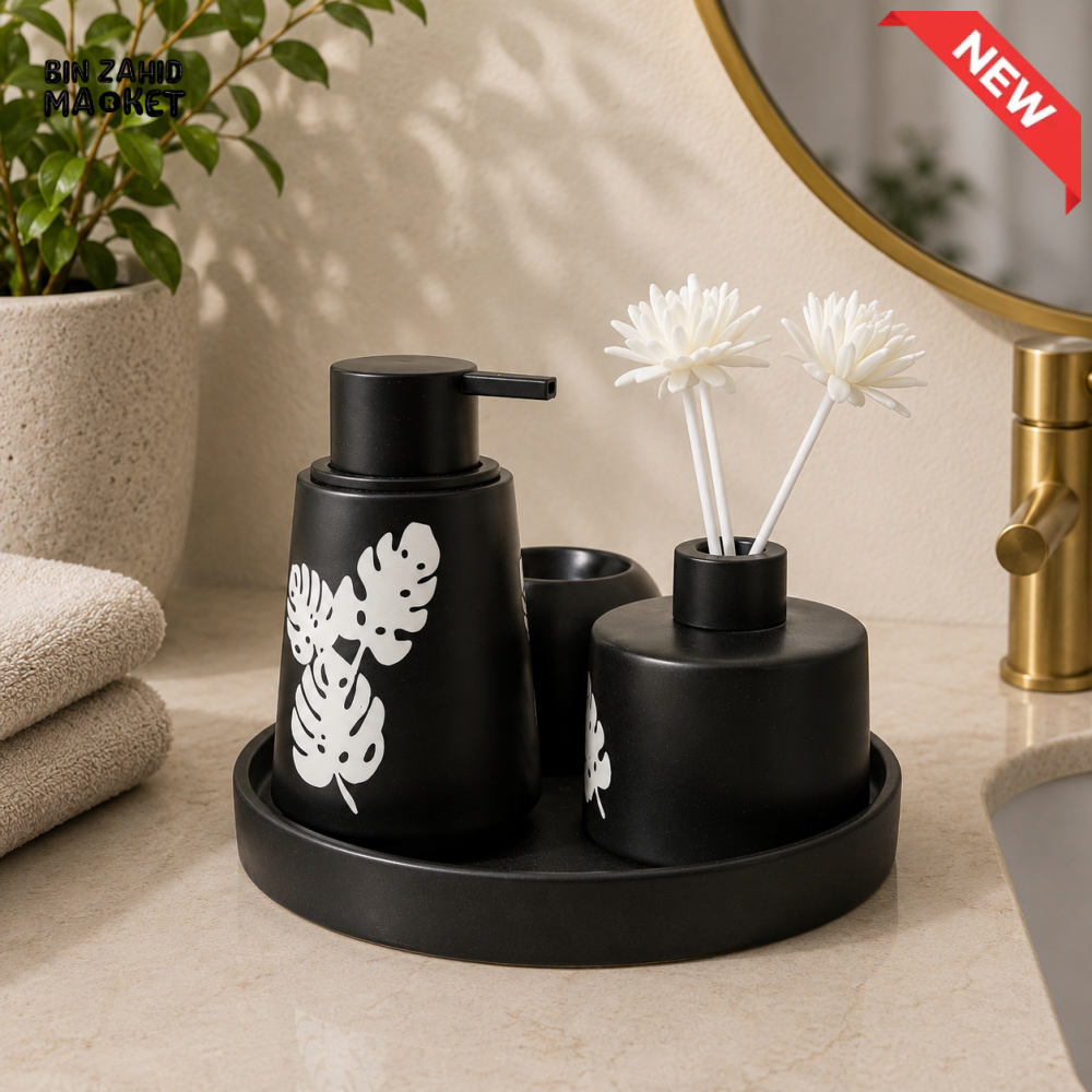 LUXURY CERAMIC SOAP DISPENSER & REED DIFFUSER SET WITH SERVING TRAY - Black