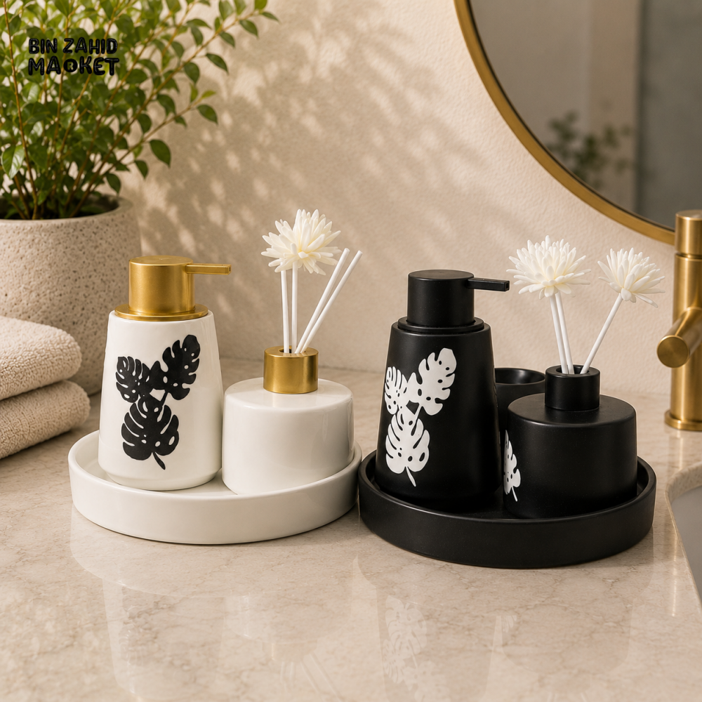 LUXURY CERAMIC SOAP DISPENSER & REED DIFFUSER SET WITH SERVING TRAY
