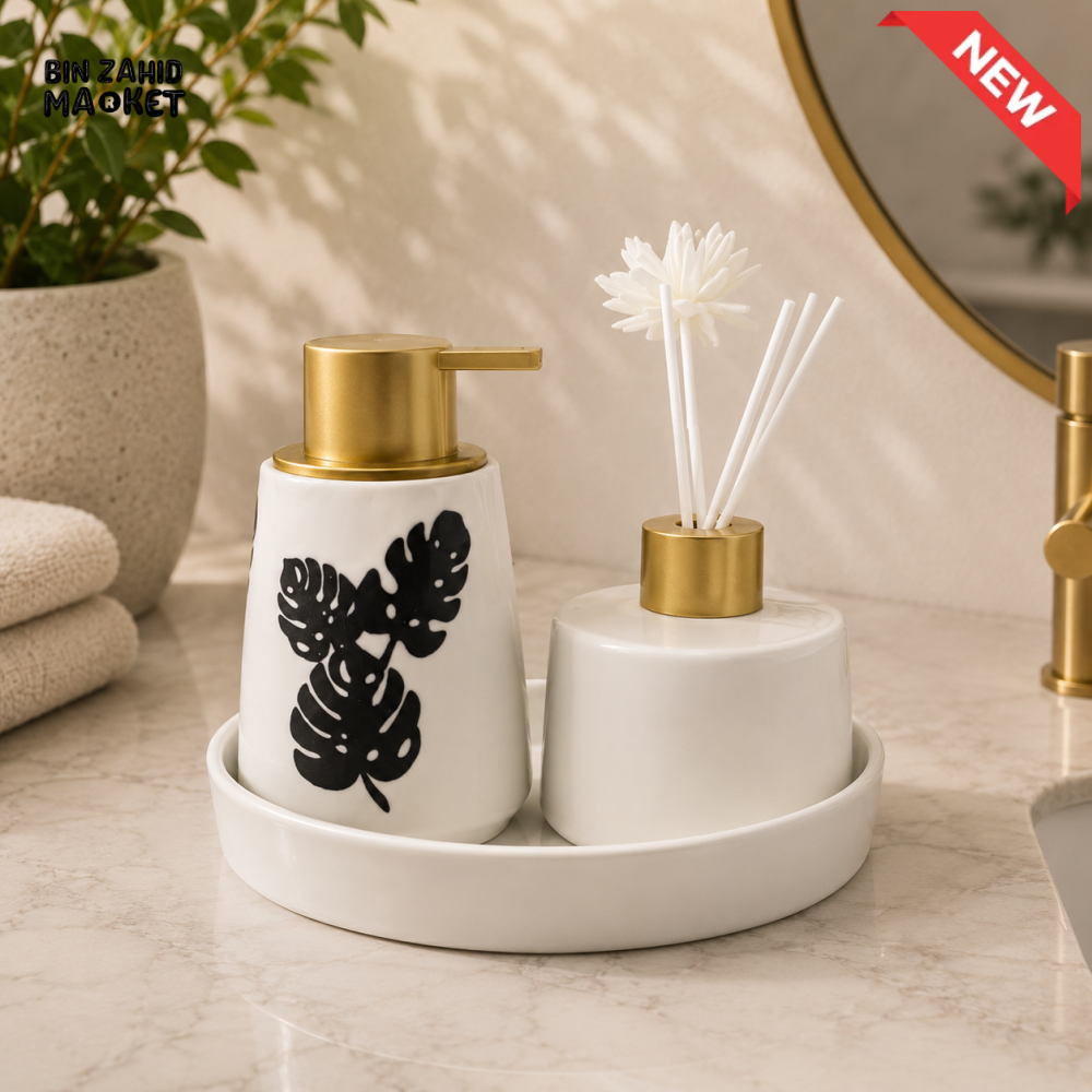 LUXURY CERAMIC SOAP DISPENSER & REED DIFFUSER SET WITH SERVING TRAY - White