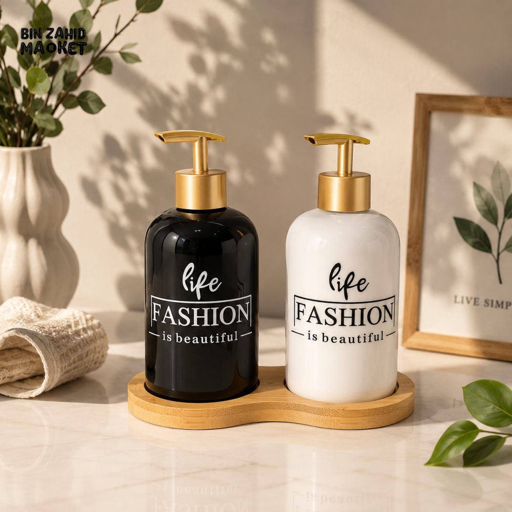 LUXURY CERAMIC SOAP DISPENSER SET WITH BAMBOO TRAY
