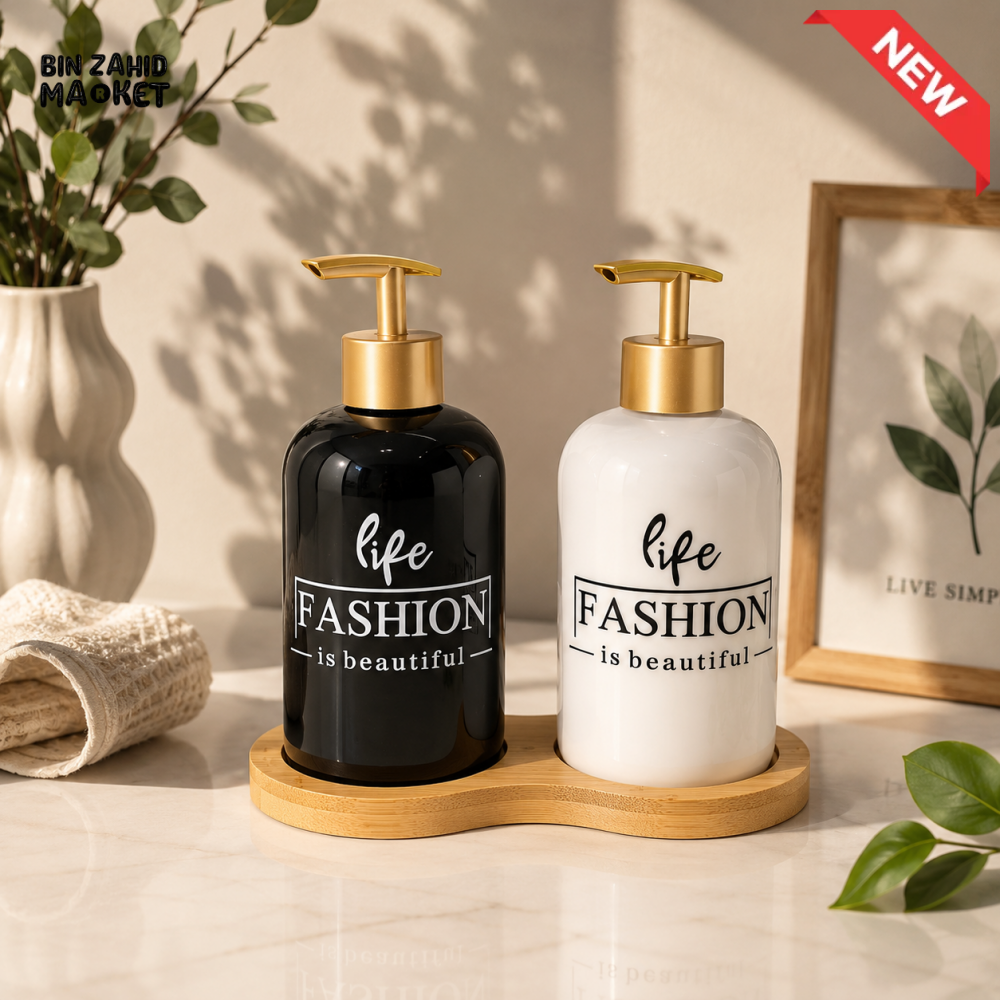 LUXURY CERAMIC SOAP DISPENSER SET WITH BAMBOO TRAY