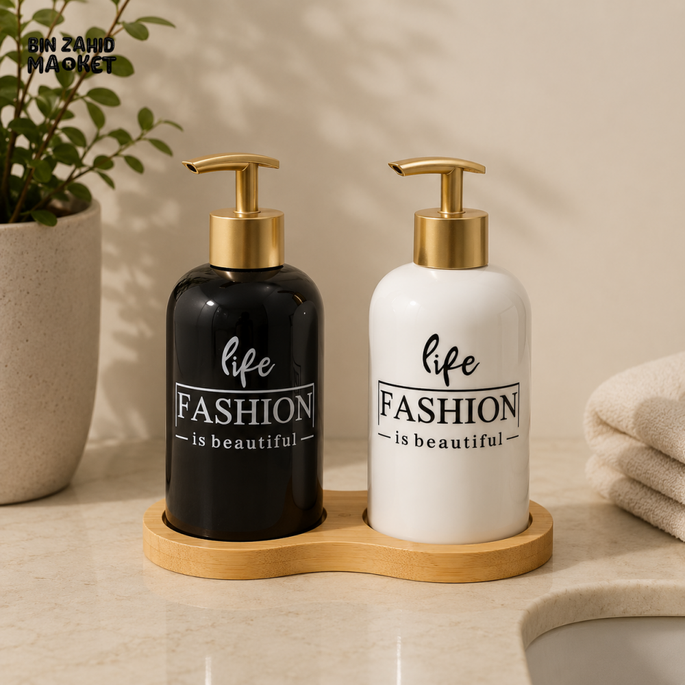 LUXURY CERAMIC SOAP DISPENSER SET WITH BAMBOO TRAY