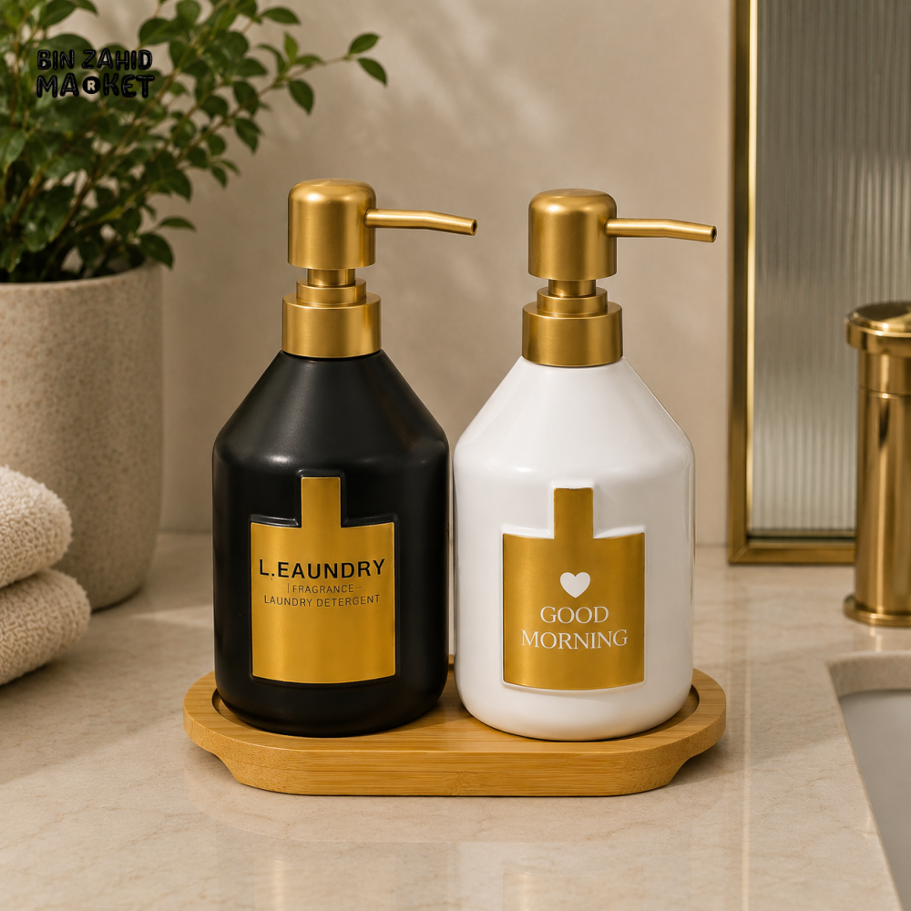 LUXURY CERAMIC SOAP DISPENSER SET WITH GOLD PUMP & BAMBOO TRAY