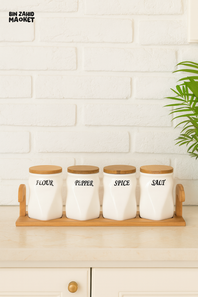 LUXURY CERAMIC SPICE JAR SET – 4 PIECE KITCHEN STORAGE CONTAINERS WITH BAMBOO LIDS AND TRAY FOR FLOUR PEPPER SPICE &