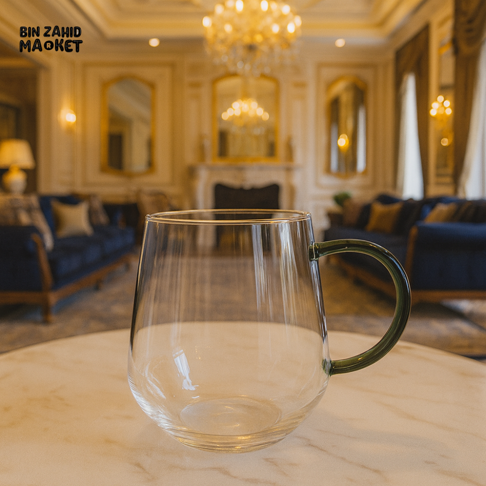 LUXURY CLEAR GLASS MUG WITH GREEN HANDLE 400ML BG45050