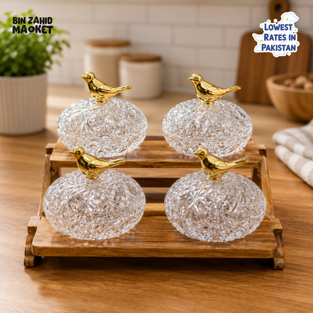 LUXURY CRYSTAL CONDIMENT JAR SET WITH WOODEN STAND - 4 PIECE SET