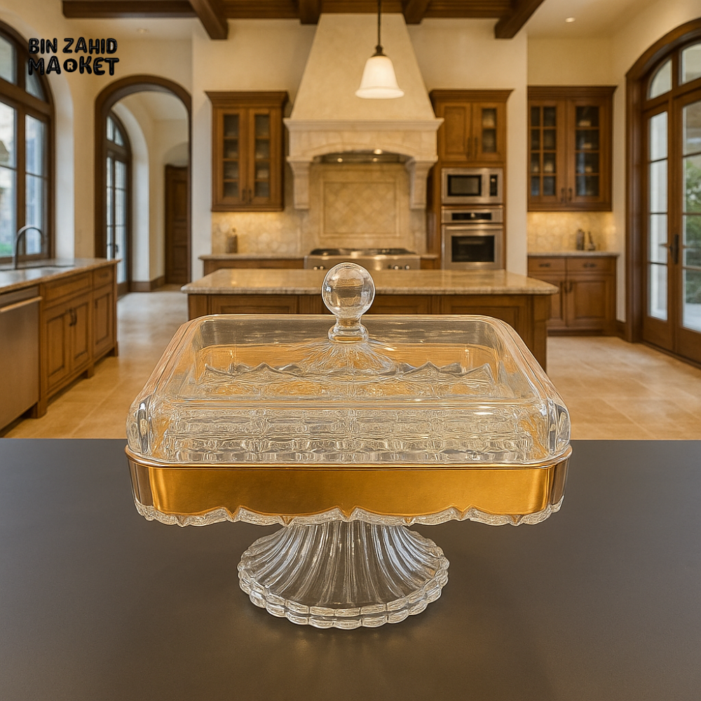 LUXURY CRYSTAL DRY FRUIT SERVER WITH GOLD TRIM – ELEGANT SQUARE STORAGE & DISPLAY DISH FOR SNACKS AND TREATS