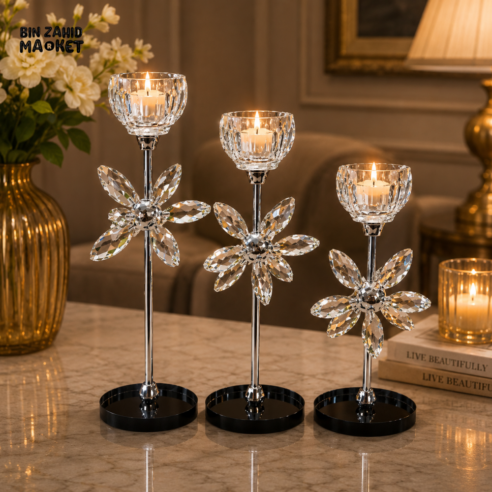 LUXURY CRYSTAL FLOWER CANDLE HOLDER SET - 3 PCS