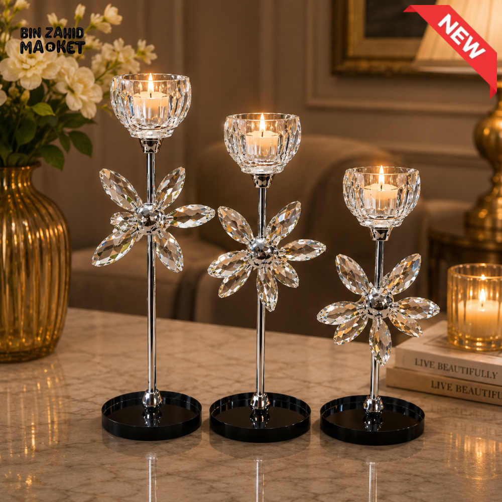 LUXURY CRYSTAL FLOWER CANDLE HOLDER SET - 3 PCS