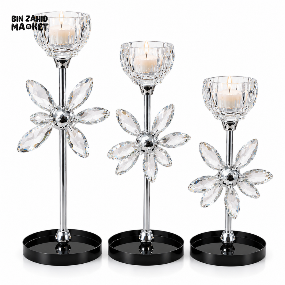 LUXURY CRYSTAL FLOWER CANDLE HOLDER SET - 3 PCS