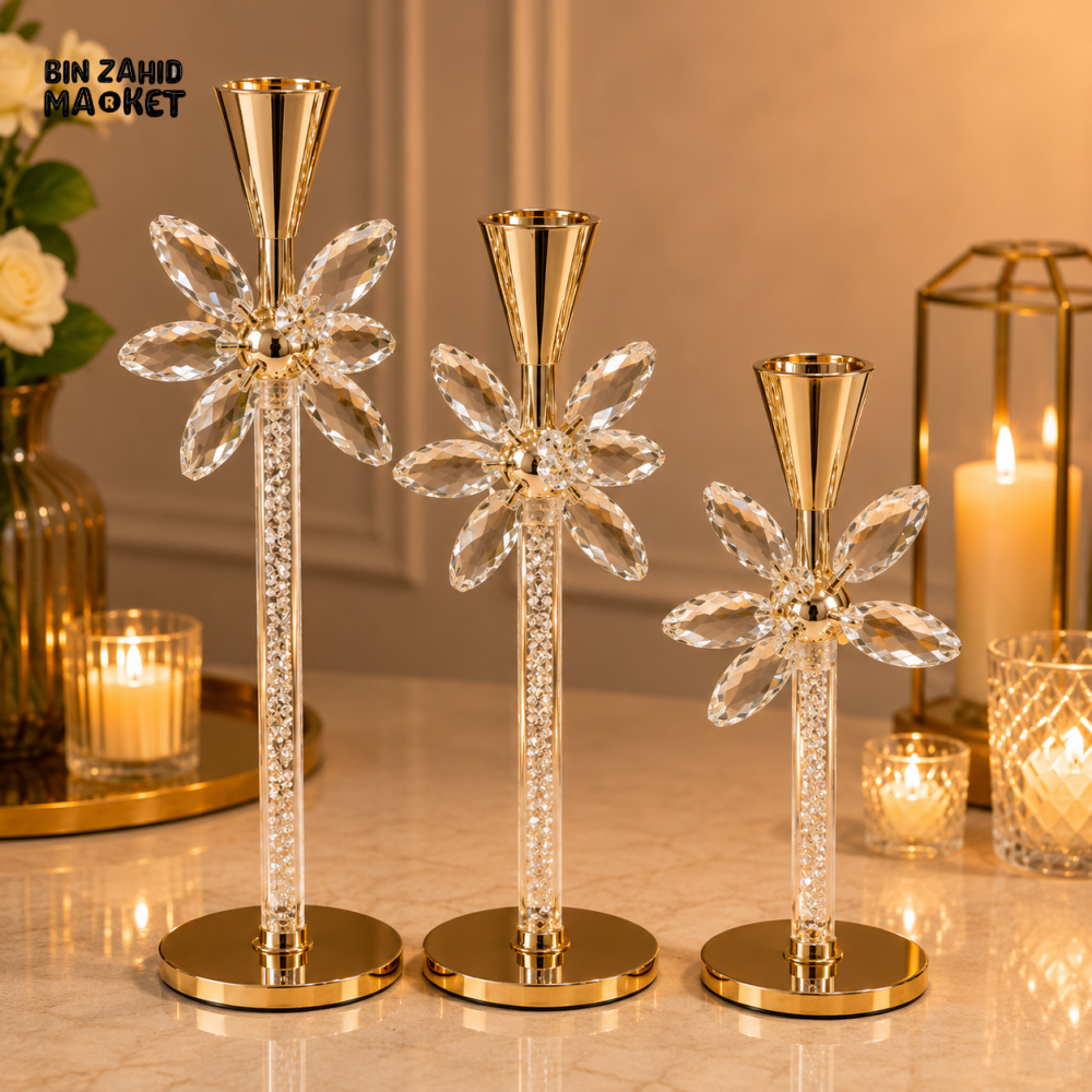 LUXURY CRYSTAL FLOWER TAPER CANDLE HOLDER SET - 3 PCS