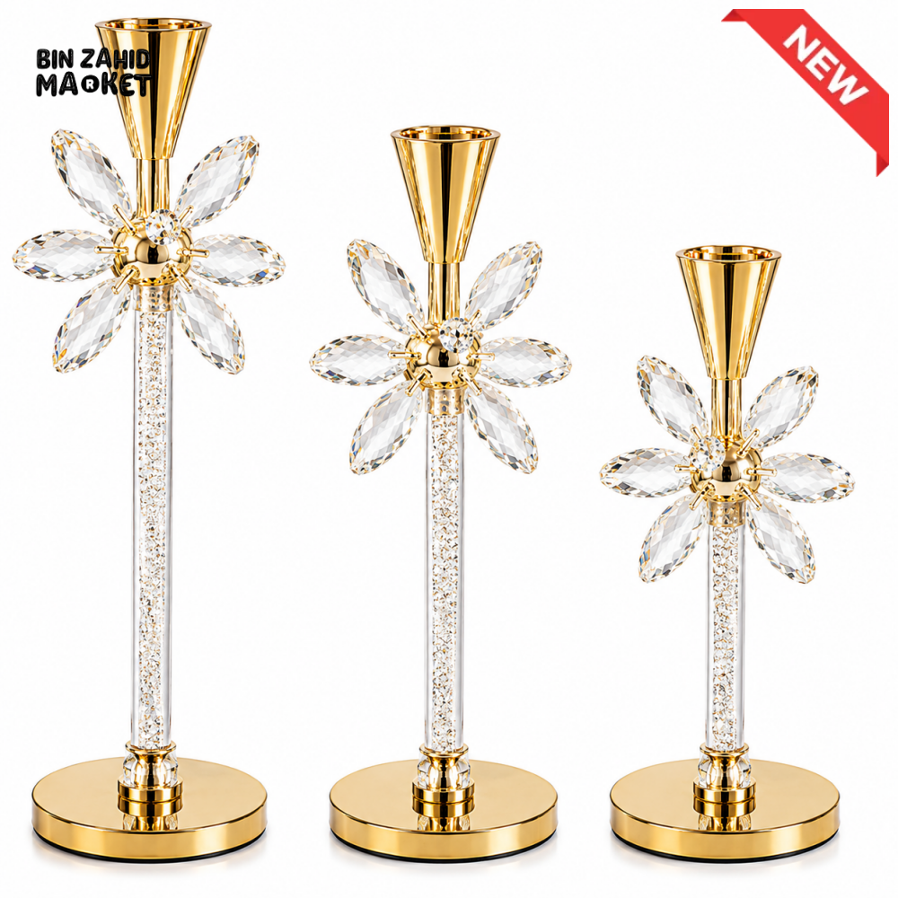 LUXURY CRYSTAL FLOWER TAPER CANDLE HOLDER SET - 3 PCS
