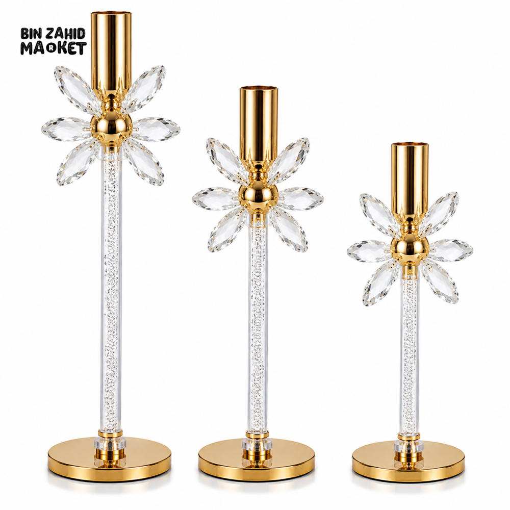 LUXURY CRYSTAL FLOWER TAPER CANDLE HOLDER SET - 3 PCS